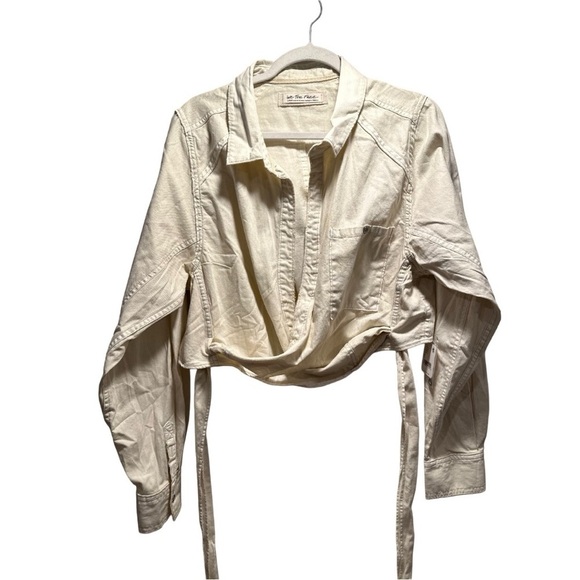 We The Free 2 Way Long Sleeve Wrap Around Ivory Denim Cropped Top Front Pocket - Picture 1 of 16